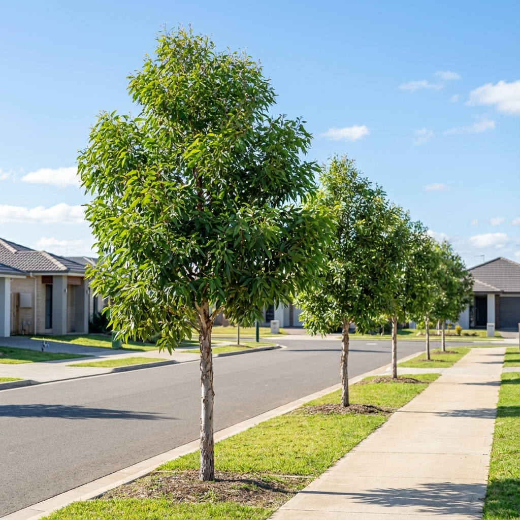A row of Swamp Mahogany - Eucalyptus robusta trees lines a suburban street, with houses and a clear blue sky in the background.