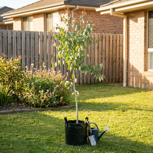 A young Forest Red Gum (Eucalyptus tereticornis) in a black grow bag, with a watering can next to it, is placed on a sunny lawn by a wooden fence.