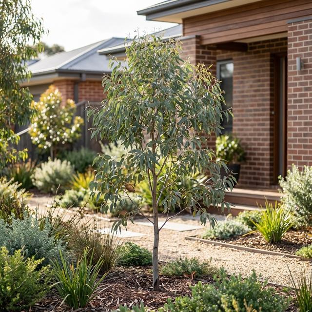 Euky Dwarf (Eucalyptus leucoxylon), a compact Australian native flowering gum, is shown growing in a landscaped front yard with other native plants and a brick house in the background.