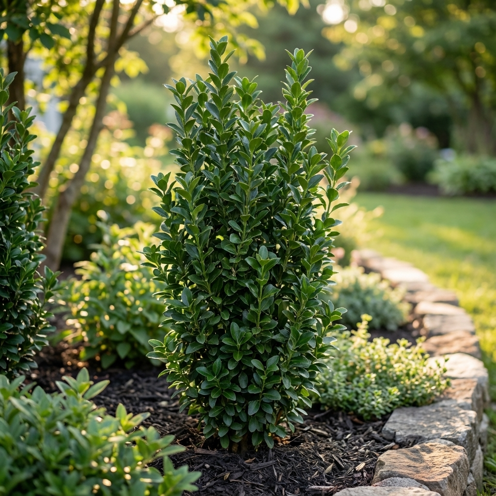 A neatly trimmed Japanese Spindle Bush - Euonymus japonicus 'Green Rocket' stands in a mulched garden bed bordered by stones, dappled with sunlight filtering through trees.