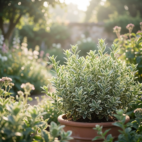 Silver Pillar Euonymus (Euonymus fortunei 'Silver Pillar'), an upright evergreen shrub, stands in a terracotta pot among lush garden plants, bathed in gentle sunlight.