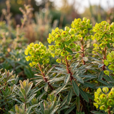 Baby Charm Spurge - Euphorbia 'Baby Charm' forms an evergreen mound with yellow-green, drought-tolerant flowers in sunlight, making it a striking addition to outdoor gardens.