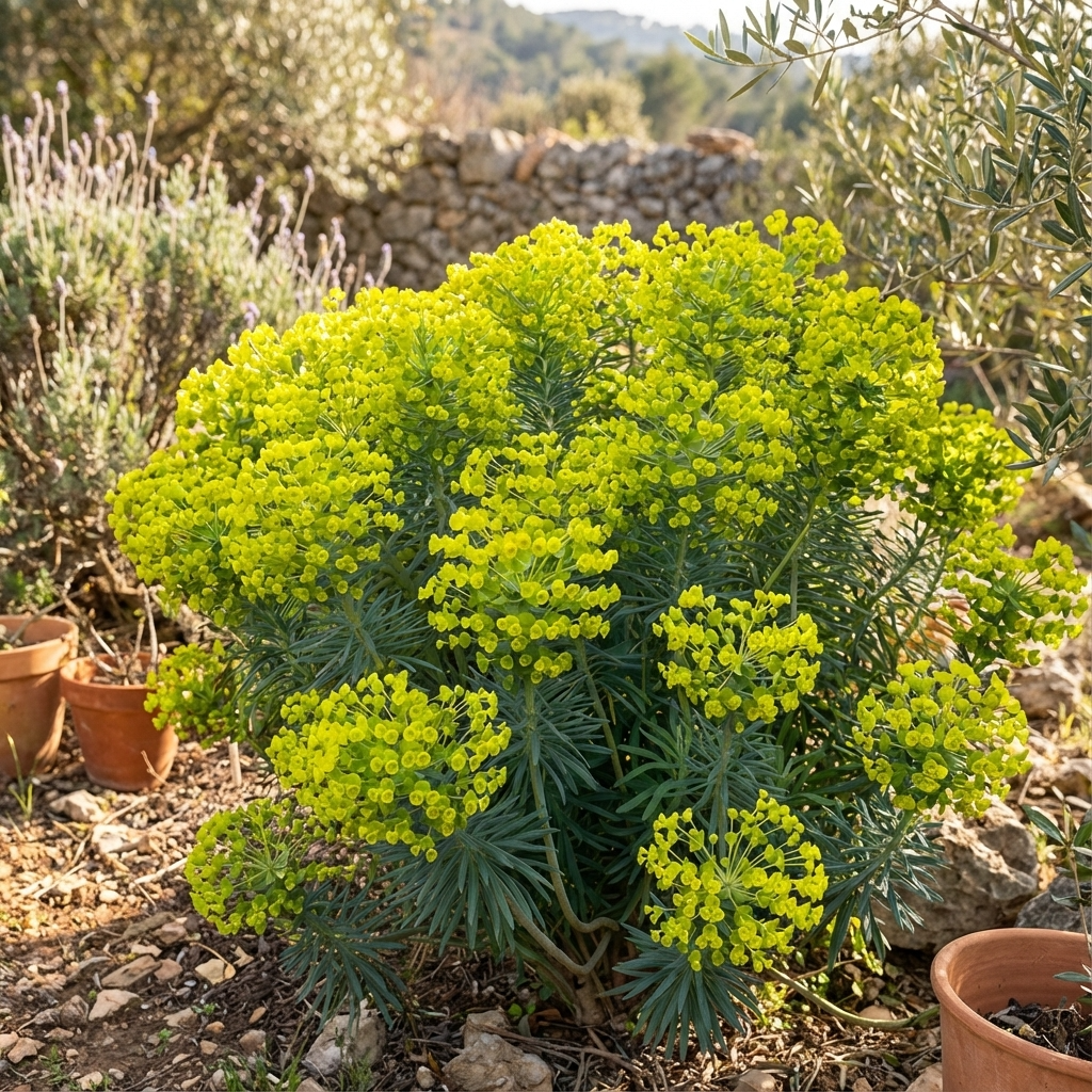 Mediterranean Spurge - Euphorbia characias 'Wulfenii' features bold foliage and yellow-green flower clusters; perfect for sunny gardens with terracotta pots and stone walls. Drought tolerant and striking year-round.