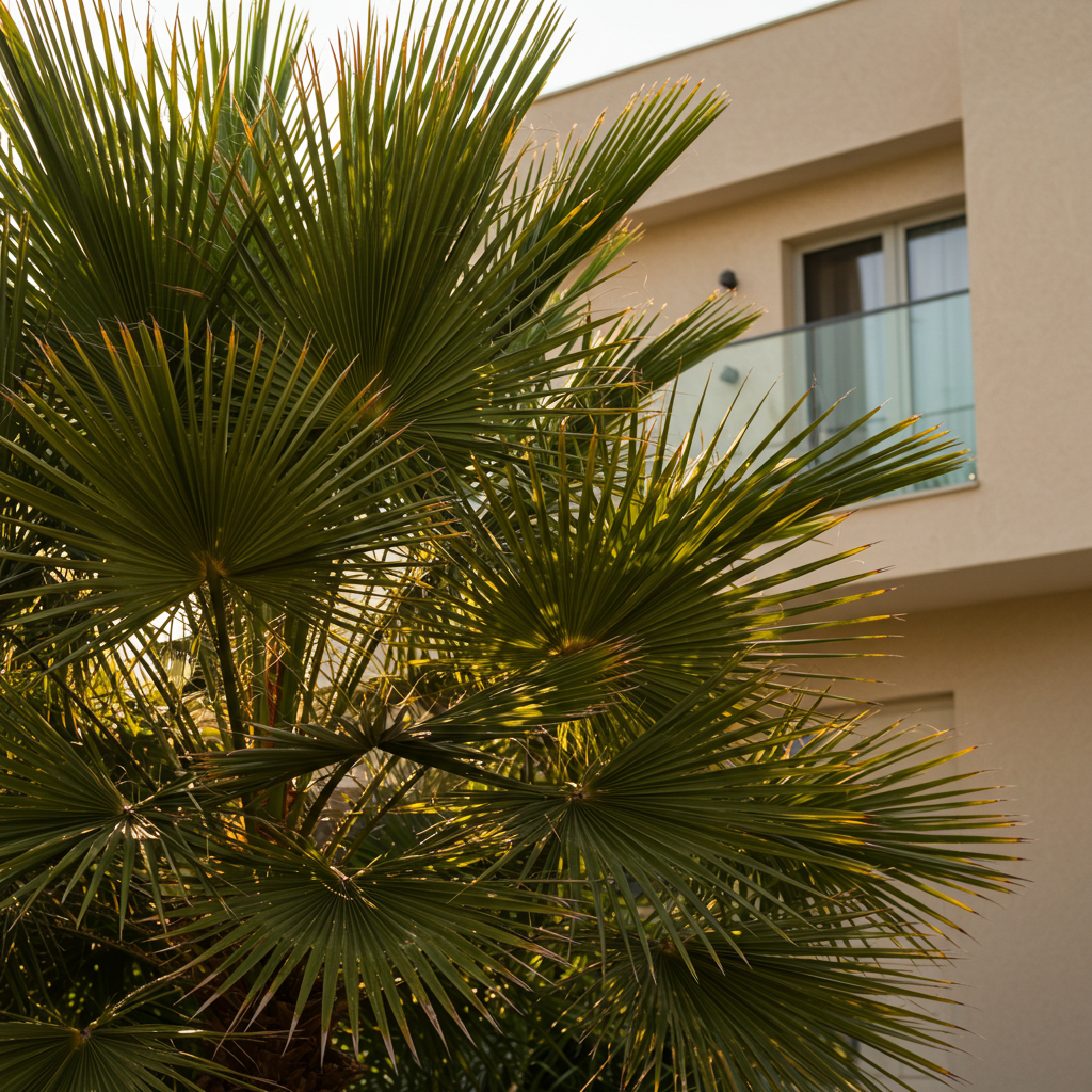 A drought-resistant European Fan Palm - Chamaerops humilis with fan-shaped leaves stands before a modern beige building with a glass balcony, highlighting its hardy charm.