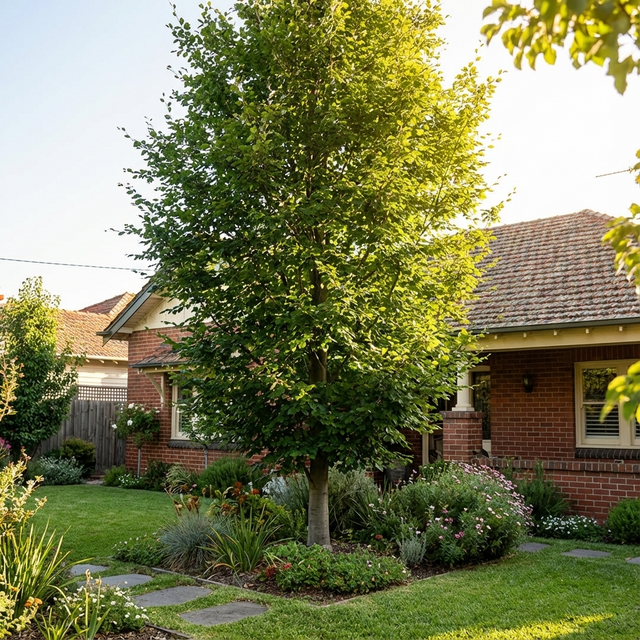 European Beech - Fagus sylvatica, a classic deciduous tree, enhances the front yard of a brick home with its lush foliage—perfect for formal landscapes.