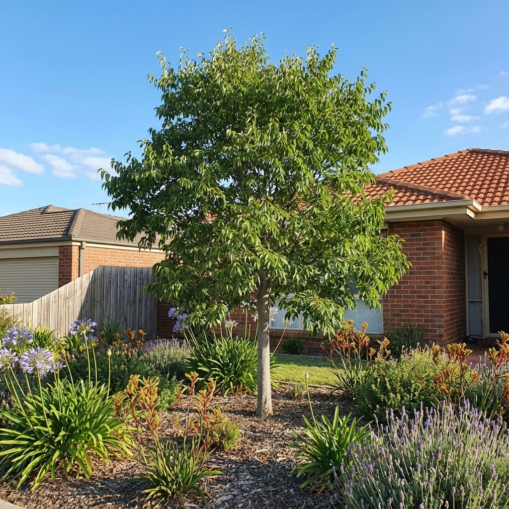 A young European Nettle Tree (Celtis australis) with fresh green leaves grows in a front yard garden, surrounded by other plants, and promises to become an elegant shade tree near the brick house.