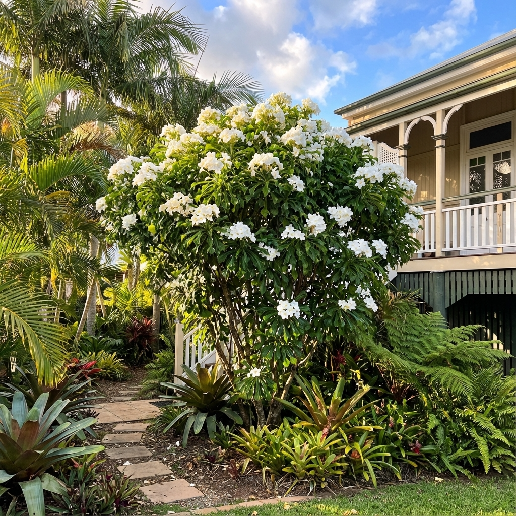 A vibrant garden featuring the Evergreen Frangipani (Plumeria pudica) as a tropical centerpiece, bordered by lush plants, with a house and veranda in the background.