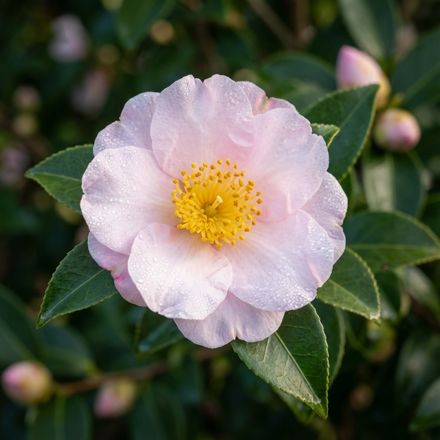 Exquisite Camellia - Camellia sasanqua 'Exquisite' features light pink blooms with yellow stamens and dew drops, elegantly displayed on the green leaves of this evergreen shrub.