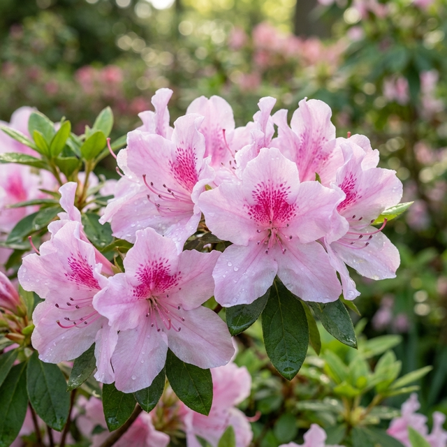 Soft pink blooms and green leaves of the Exquisite Indica Azalea (Azalea indica 'Exquisite'), an evergreen shrub, blooming outdoors in a garden setting.