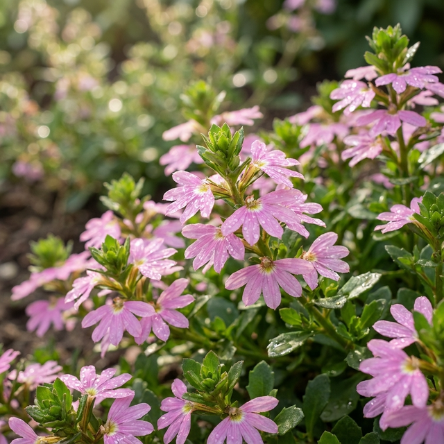 Fan Flower - Scaevola ‘Pink Fusion’ displays clusters of light pink fan-shaped blooms and green leaves, forming a lush groundcover in sunny gardens. Flowers glisten with dewdrops for fresh, vibrant appeal.