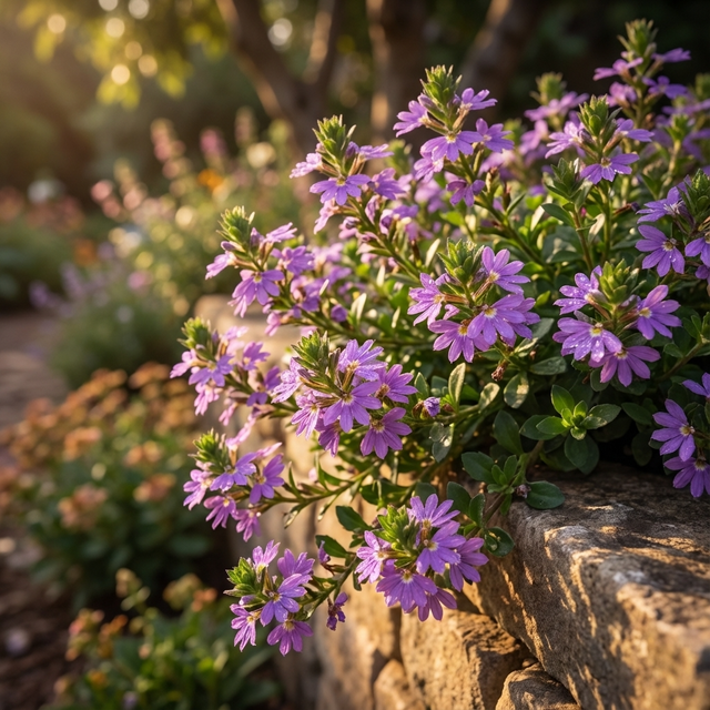 Clusters of purple Fan Flower - Scaevola ‘Purple Fusion’ flourish as groundcover beside a stone wall in a sunlit garden.