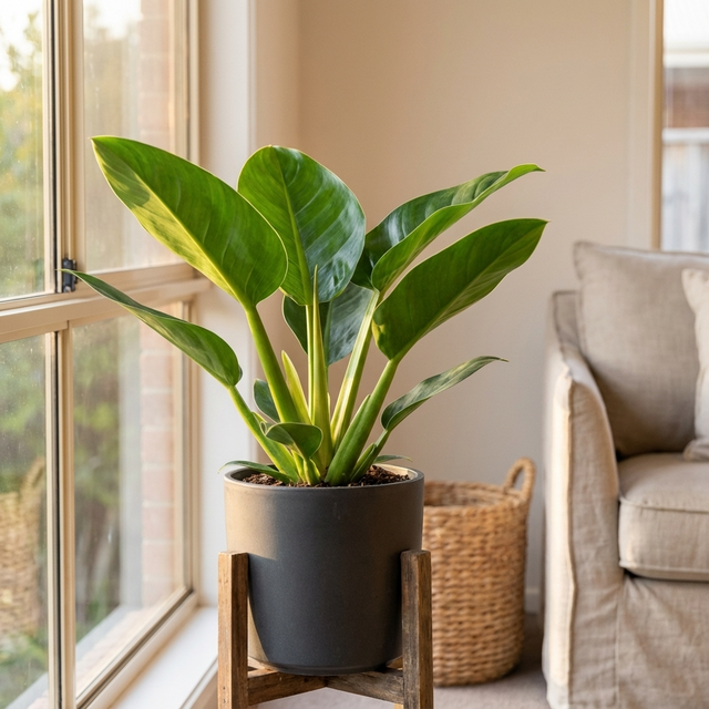 A Fat Boy Philodendron - Philodendron martianum makes a striking indoor statement on a wooden stand by the window, placed beside a beige sofa and a wicker basket.