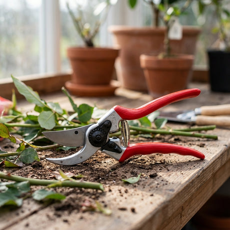Felco 2 Original Secateurs with red handles rest on a wooden table among plant stems and soil in a greenhouse. This professional pruning tool offers hardened steel blades for precise, efficient cutting.