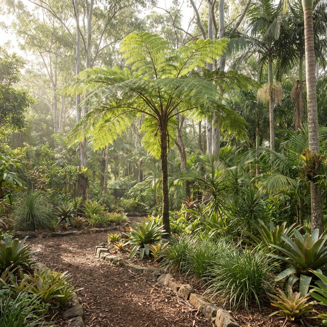 A sunlit garden path winds through lush tropical rainforest plants, featuring the elegant Fern Tree - Cyathea cooperi, and tall trees in a serene forest setting.