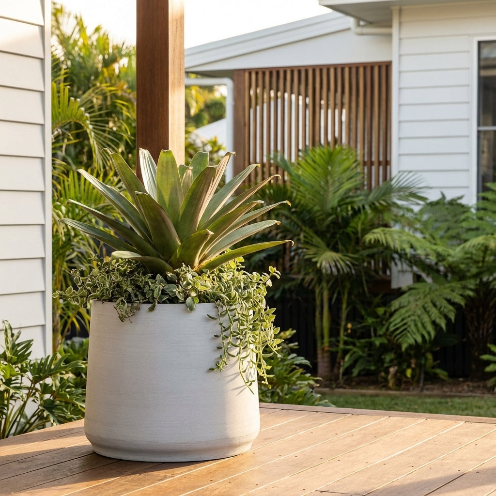 A large succulent in a Fibre Stone Round Planter (450mm x 380mm) sits on a wooden deck, surrounded by tropical plants with a modern house in the background.