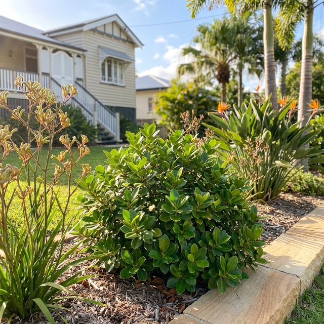 A green garden with low hedges and colorful flowers before a Queenslander-style house, highlighted by the evergreen Ficus ‘Green Mound’ (Ficus microcarpa), on a sunny day.