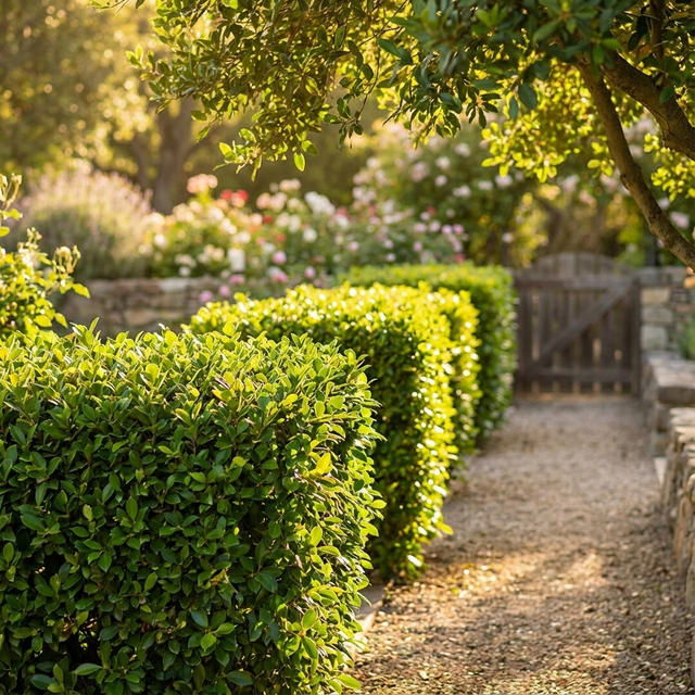 Sunlit garden path with trimmed hedges, vibrant flowers, and a wooden gate in the background—enhanced by Ficus microcarpa ‘Flash’, an elegant evergreen screening tree.