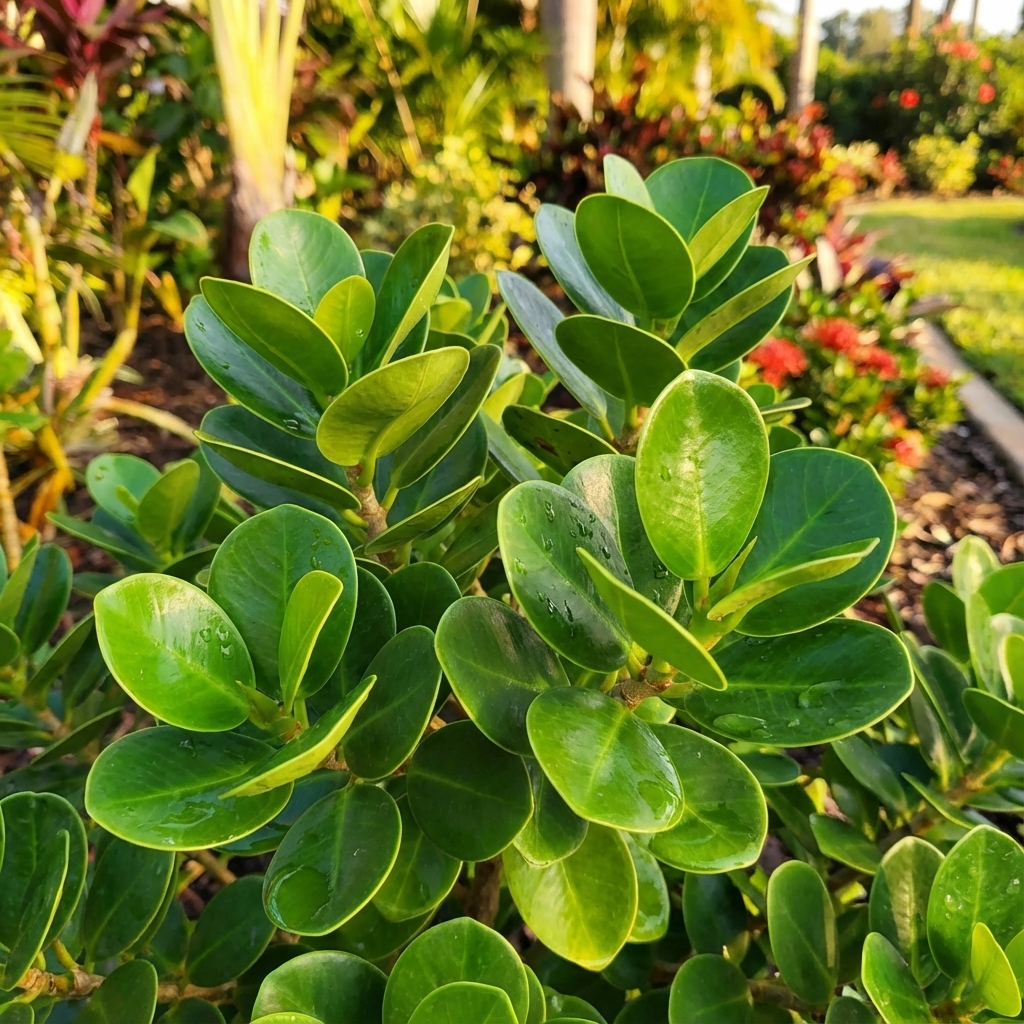 The thick, glossy green leaves of Ficus ‘Green Island’ (Ficus microcarpa), a bushy evergreen shrub, stand out in a sunlit garden with vibrant foliage in the background.