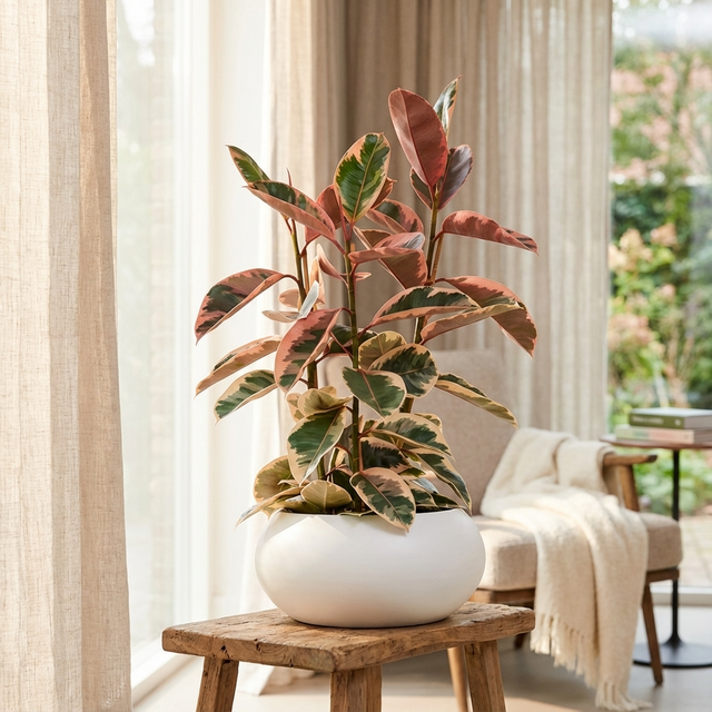 The Variegated rubber plant - Ficus elastica Tineke in a white pot on a wooden stool brings a bold, stylish touch to any bright, cozy living room.