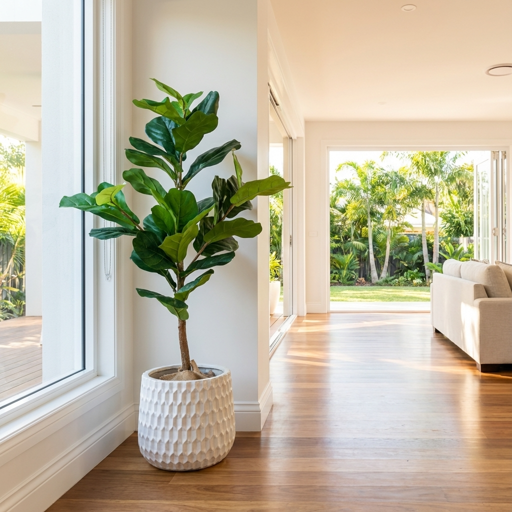 A Fiddle Leaf Fig - Ficus Lyrata, a well-loved air-purifying plant, is placed by large windows in a bright, modern living room with wooden floors and views of the garden.