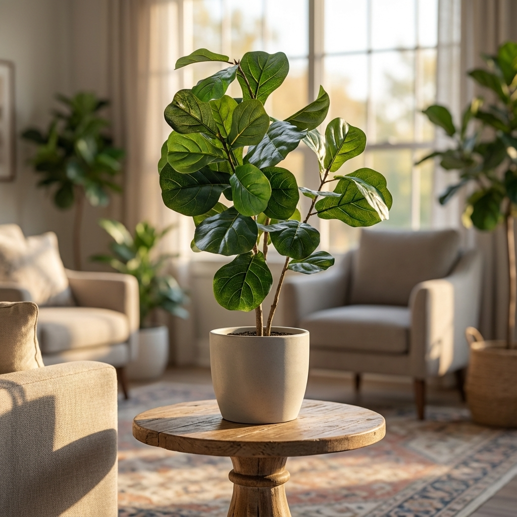 The Dwarf Fiddle Leaf Fig - Ficus lyrata Bambino, a compact houseplant, sits in a pot on a wooden table in a bright, cozy living room.