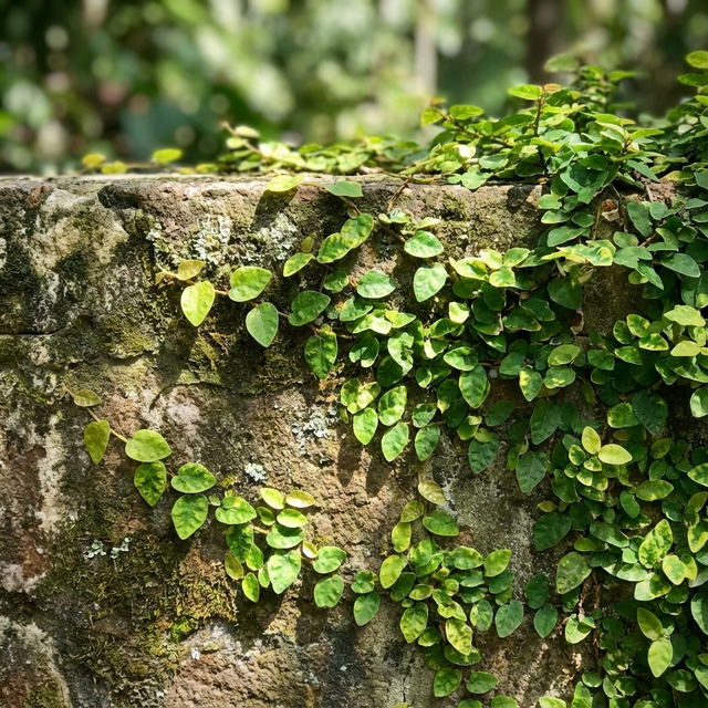 Minima Creeping Fig - Ficus pumila 'Minima', a climbing vine with heart-shaped leaves, thrives as it grows along a sunlit, weathered stone wall.