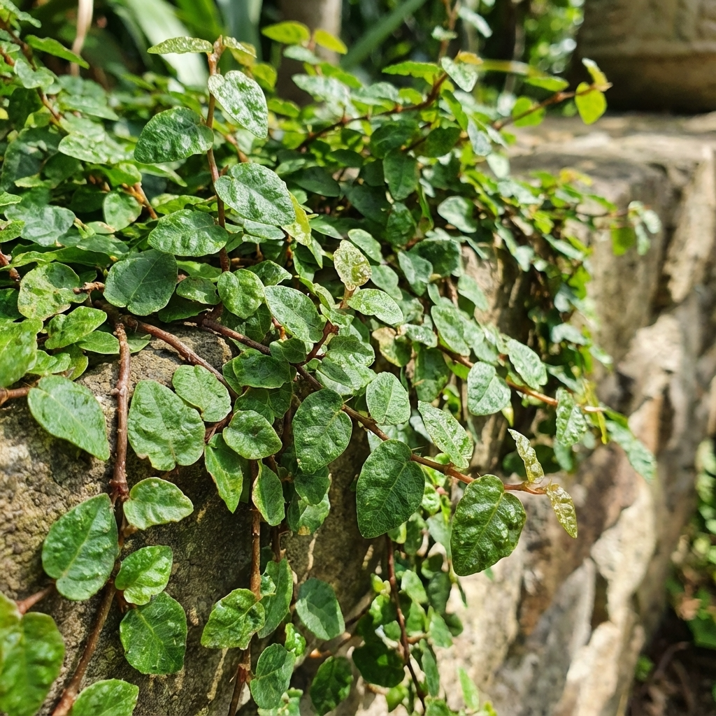 Minima Creeping Fig - Ficus pumila 'Minima' vines climb and spread across stone walls when grown in bright sunlight.