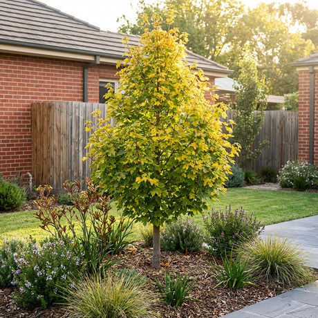 The Field Maple - Acer campestre ‘Elsrijk’ is a compact shade tree with yellow-green leaves, perfect for adding charm to suburban backyard gardens.