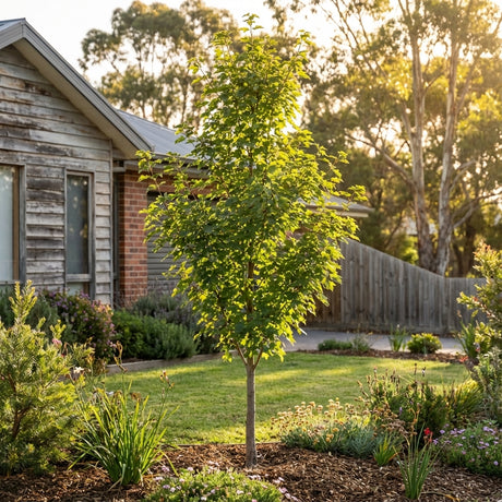 Field Maple (Acer campestre): young, compact deciduous tree in a landscaped front yard with a rustic home and garden at sunset—an ideal shade tree for outdoor spaces.