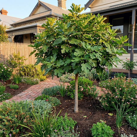 A Fig ‘Preston Prolific’ (Ficus carica) tree with broad green leaves thrives in a well-tended garden, bringing the promise of sweet, abundant figs to your home.