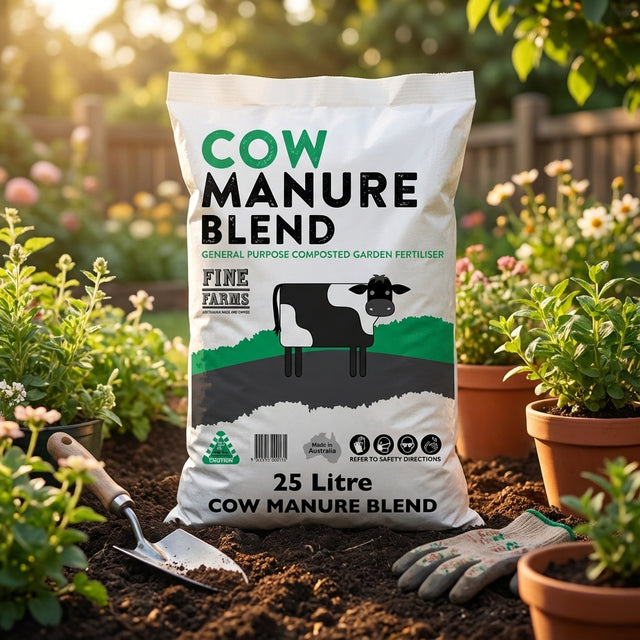 A bag of Fine Farms 25L Blended Cow Manure is placed in a garden beside blooming flowers, a trowel, and gardening gloves.