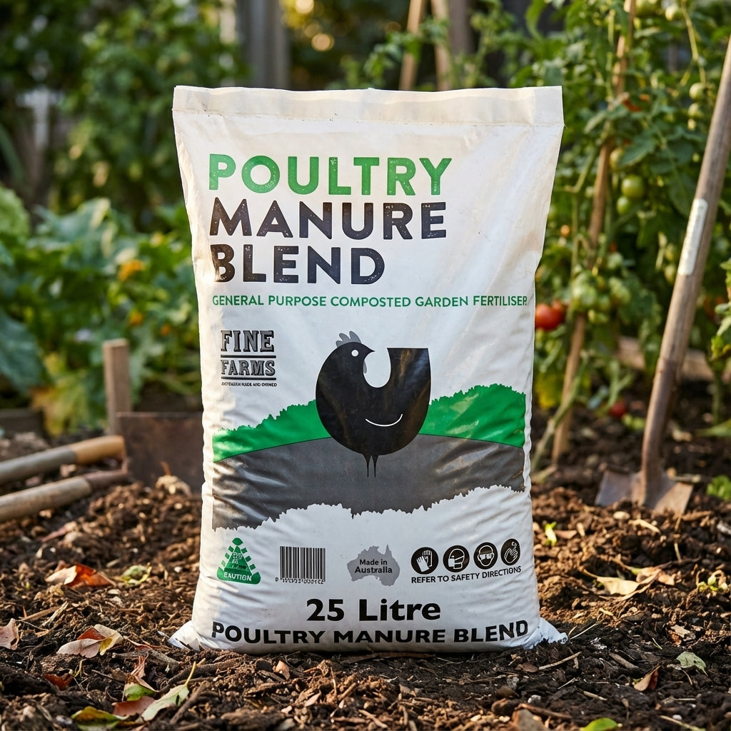 A Fine Farms 25L Blended Poultry Manure bag rests on garden soil, surrounded by plants, offering a high-quality composted fertiliser to enhance soil health.