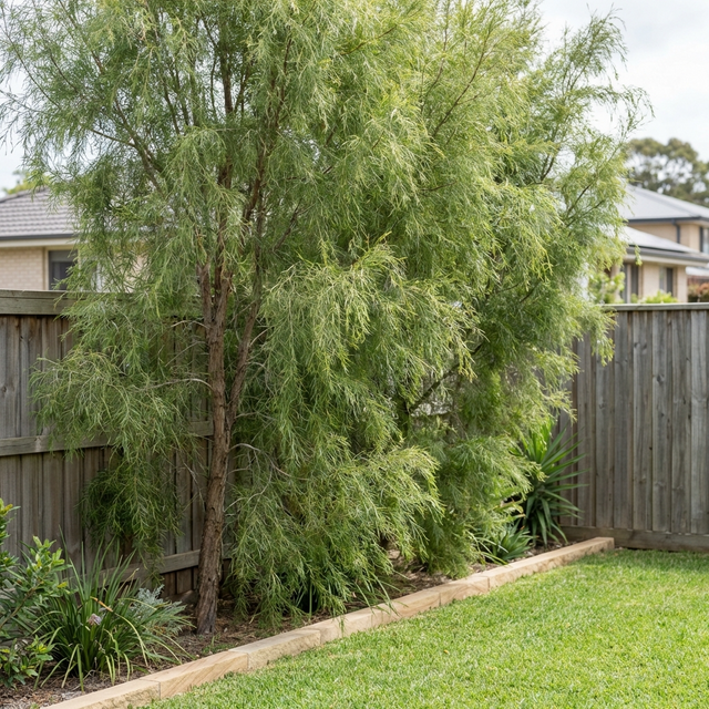 Fine Leaf Melaleuca - Melaleuca leucadendra 'Fine Leaf' is a tall, fast-growing Australian native shade tree with thin, feathery leaves, ideal for fenced backyard gardens with grass and other plants.