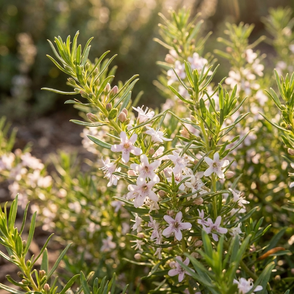 Fine Leaf Pink Myoporum (Myoporum parvifolium 'Fine Leaf Pink') features fine green leaves and small pink flowers in sunlight, prized as a drought-tolerant ground cover option.