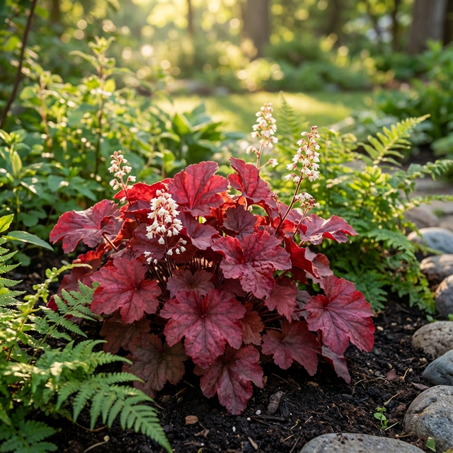 Fire Alarm Heuchera - Heuchera 'Fire Alarm', with vibrant red foliage and white blooms, stands out among green ferns in a sunlit garden, creating a striking display for shaded areas.