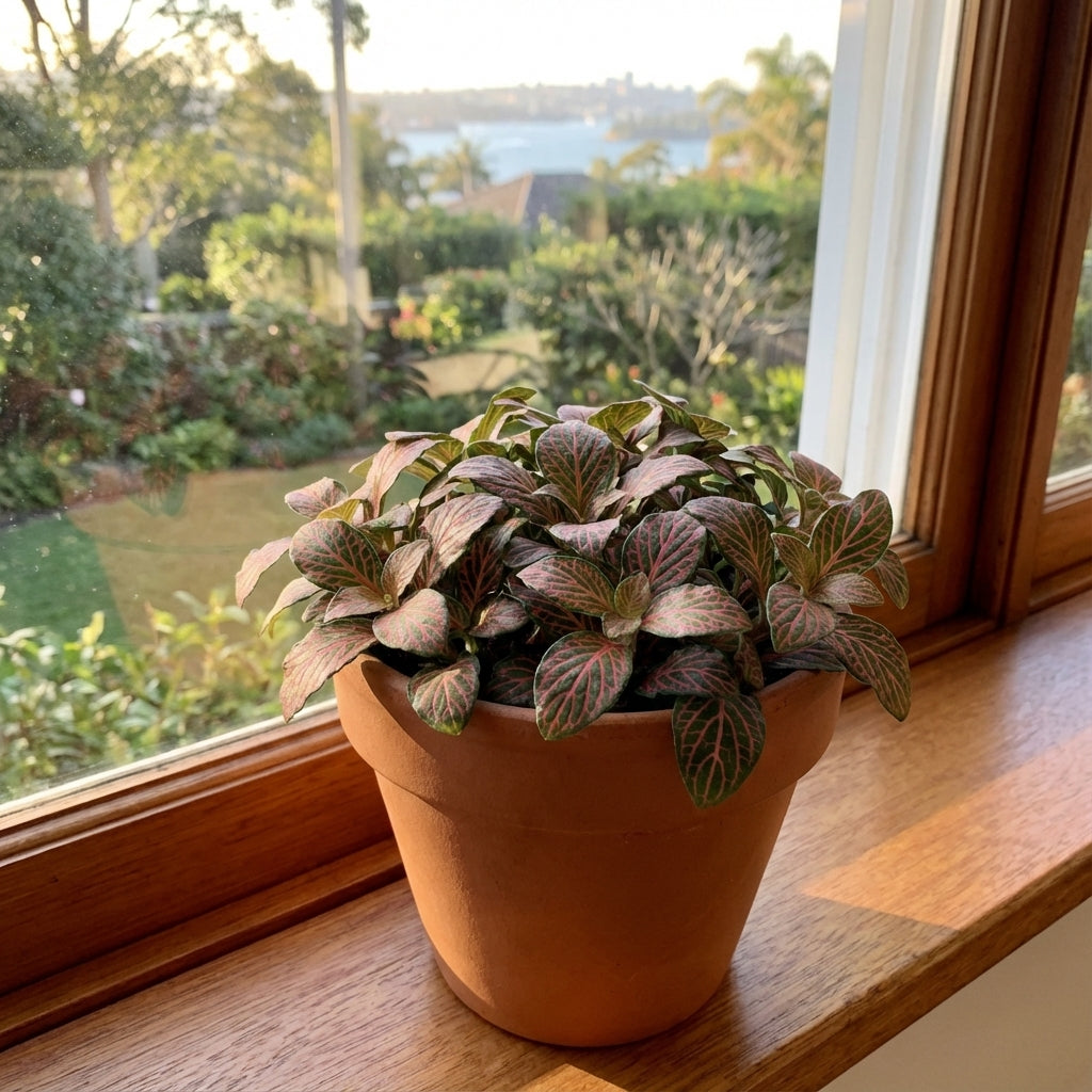 A Firetail Fittonia (Fittonia albivenis 'Firetail') sits on a sunny windowsill, its vibrant red-veined leaves glowing in the light, perfectly placed indoors with garden and water views outside.