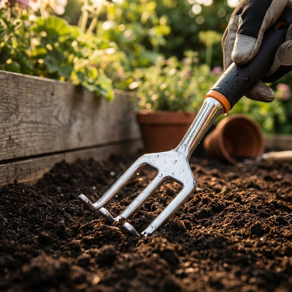 A gloved hand uses the Fiskars Aluminium Cultivator to loosen soil in a raised garden bed on a sunny day.