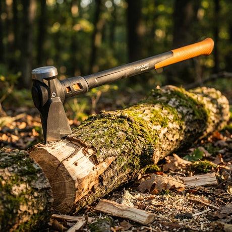 A Fiskars Isocore Maul - 3.6kg, black-and-orange, is embedded in a mossy log with wood shavings nearby in a sunlit forest—ideal for splitting firewood.