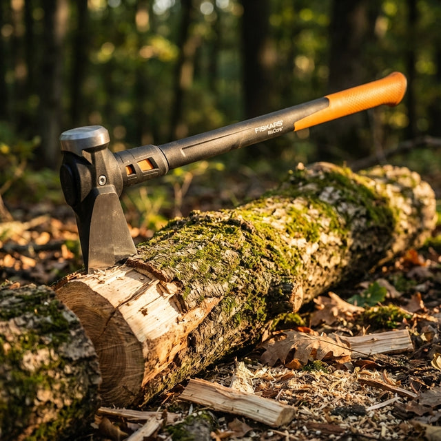 A Fiskars Isocore Maul - 3.6kg, black-and-orange, is embedded in a mossy log with wood shavings nearby in a sunlit forest—ideal for splitting firewood.
