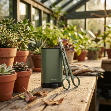 The Fiskars Plant Care Detailer With Holder and a sharpening tool rest on a wooden table among potted plants in a sunlit greenhouse.
