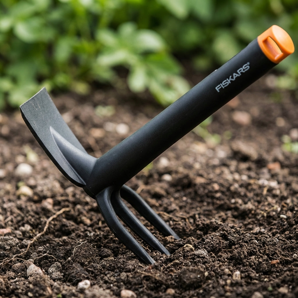 A black Fiskars Planter Hoe with an orange tip, an ergonomic garden tool ideal for planting and weeding, is stuck into the soil in a garden.