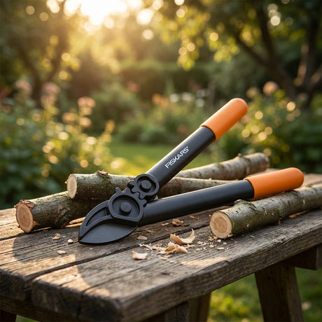 The Fiskars PowerGear Anvil Lopper sits on cut branches on a rustic wooden table in a sunlit garden, ideal for pruning dry wood.