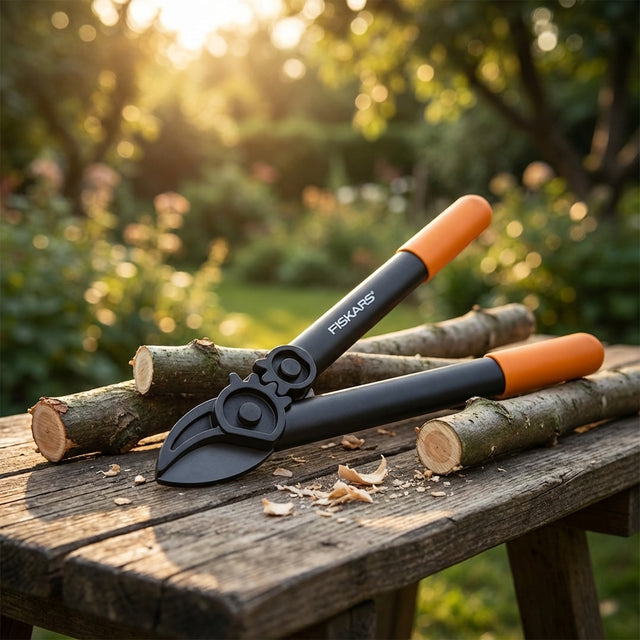 The Fiskars PowerGear Anvil Lopper sits on cut branches on a rustic wooden table in a sunlit garden, ideal for pruning dry wood.