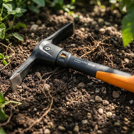 A Fiskars Pro Mini Mattock with shock control and an orange handle rests on soil among green plants.