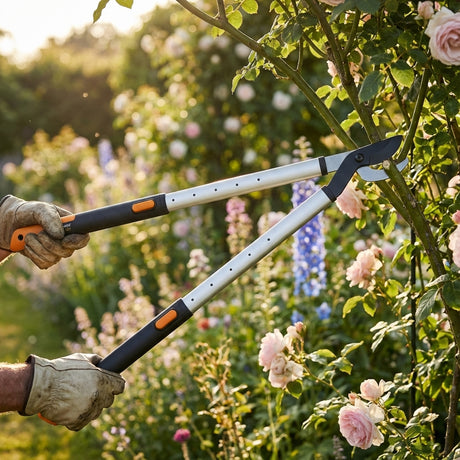 Gloved hands use garden loppers to trim rose bushes next to a Gorilla Carts Steel Mesh Cart - 115 Litres in a sunny, blooming garden.