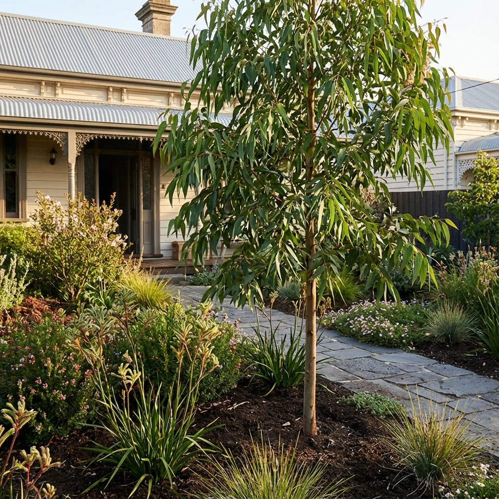 A garden featuring a young Flooded Gum - Eucalyptus grandis and assorted shrubs borders a stone path that leads to a Victorian-style house.