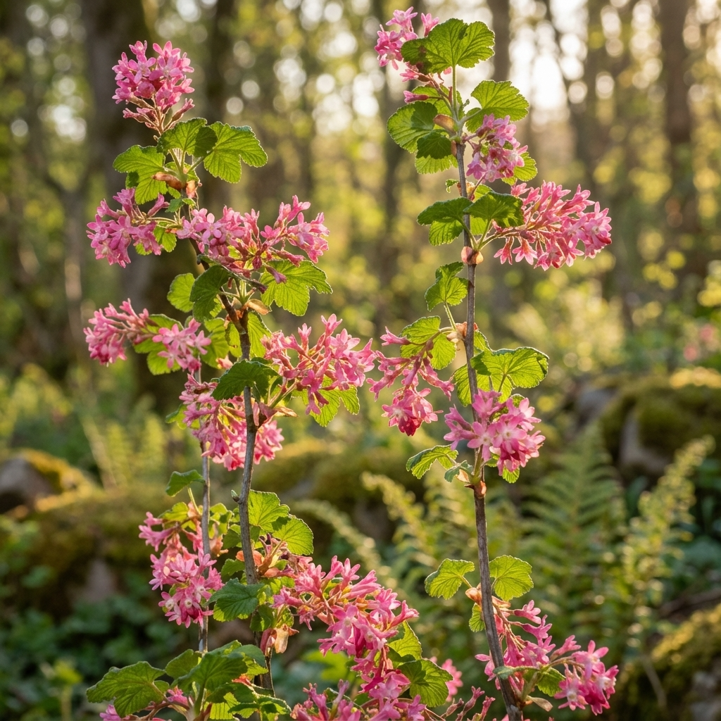 Two tall stems of Flowering Currant - Ribes sanguineum with green leaves soak up sunlight in a forest clearing—a beautiful, pollinator-friendly shrub.