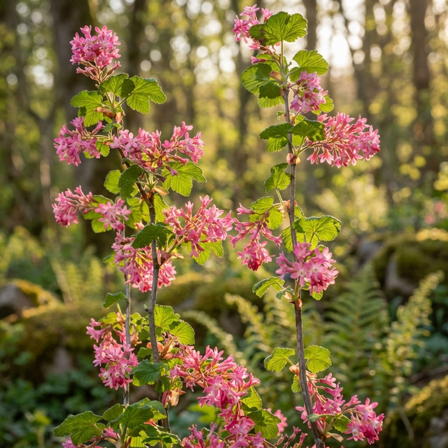 Two tall stems of Flowering Currant - Ribes sanguineum with green leaves soak up sunlight in a forest clearing—a beautiful, pollinator-friendly shrub.