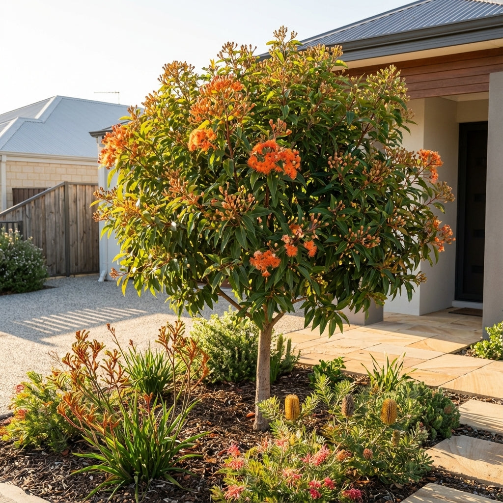 Flowering Gum - Corymbia ‘Beeliar Orange’ offers striking orange blooms that brighten a modern home’s front yard, showcasing this unique Australian native plant in any landscaped garden.