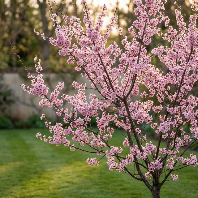The Flowering Plum - Prunus ‘Elvins’ is a small tree with pink blossoms in spring, shown here in a grassy yard with sunlight filtering through its ornamental branches.